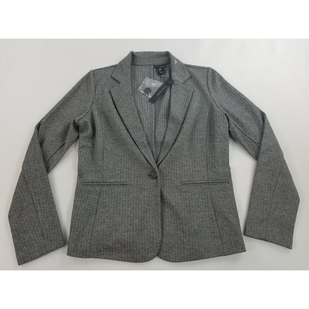 Tahari Women Grey Black Herringbone Blazer Jacket Pockets Size M